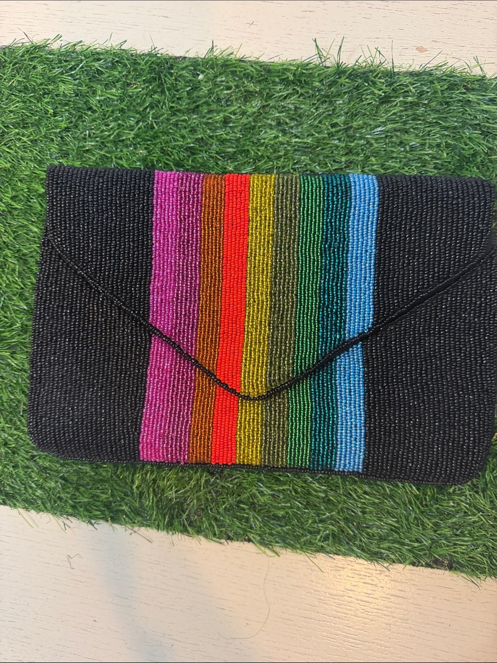 Black Beaded Clutch with Bright Rainbow Stripe